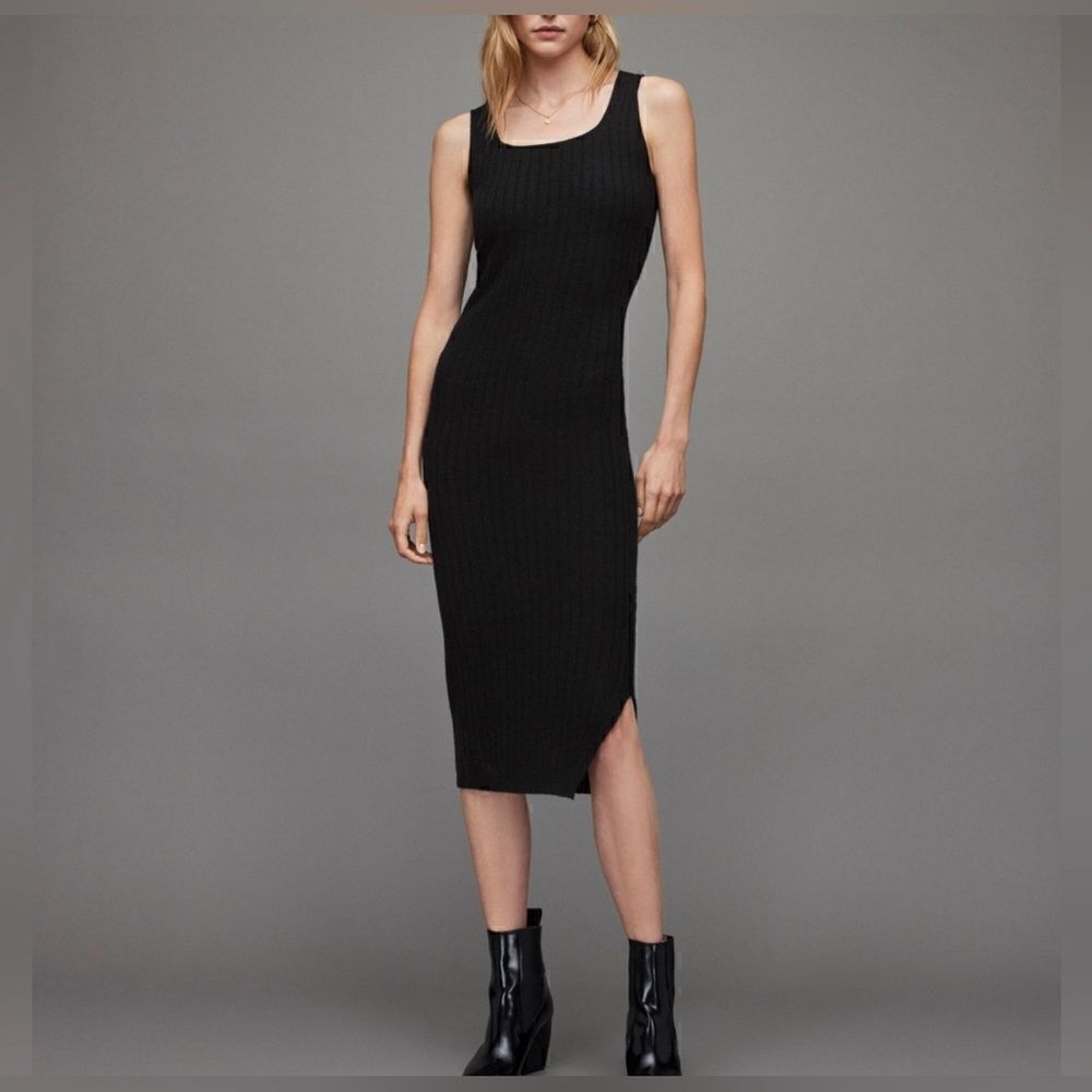 All Saints NWT Margot Sleeveless Bodycon Ribbed Midi Dress Black $329